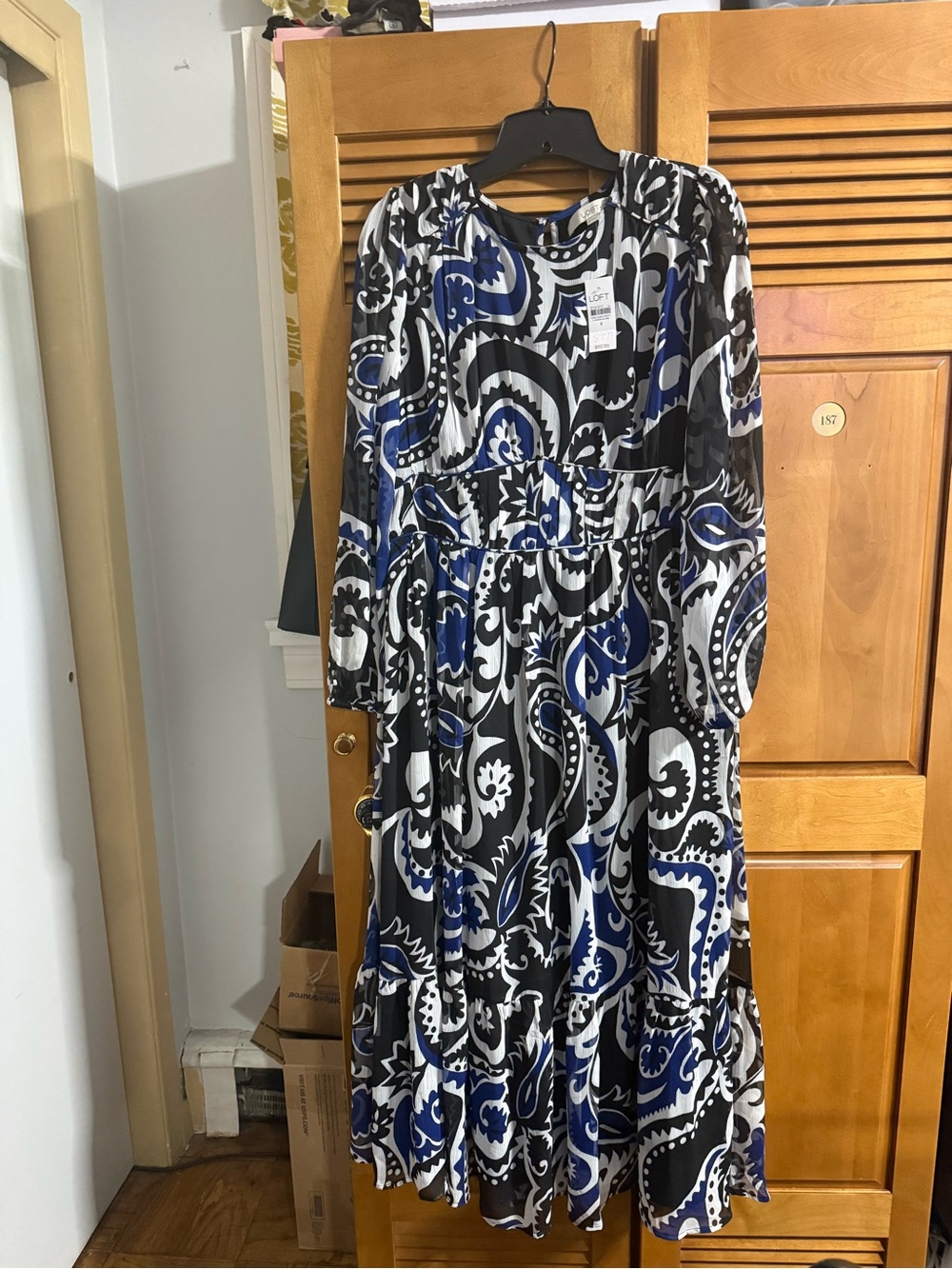 LOFT Blue, Black & White Paisley Long Sleeve Maxi Dress